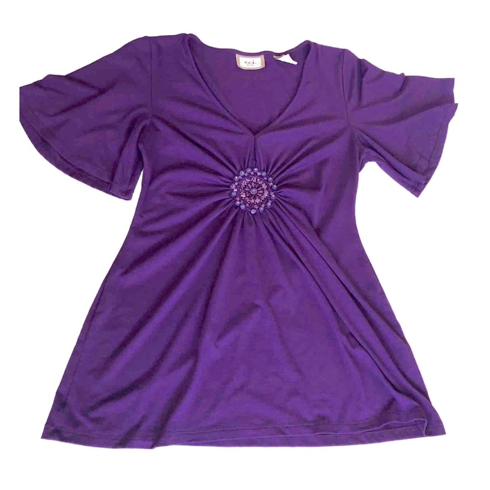 ECI beaded plunge V-Neck flutter short sleeve purple knit Top size Small